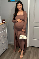 Mocha Ribbed Sleeveless Dress Cardigan Maternity Set