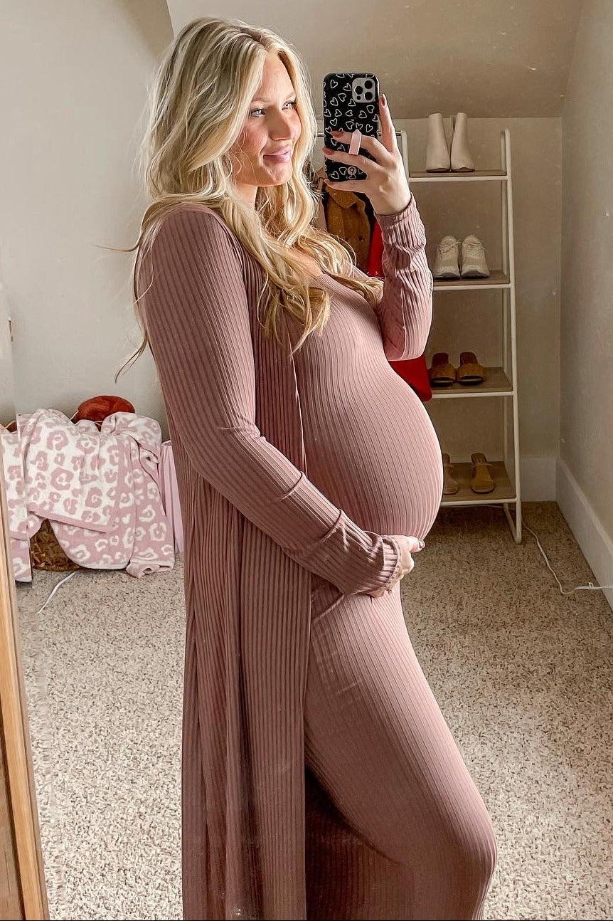 PinkBlush Mocha Ribbed Sleeveless Dress Cardigan Maternity Set Medium