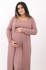 Mocha Ribbed Sleeveless Dress Cardigan Maternity Set