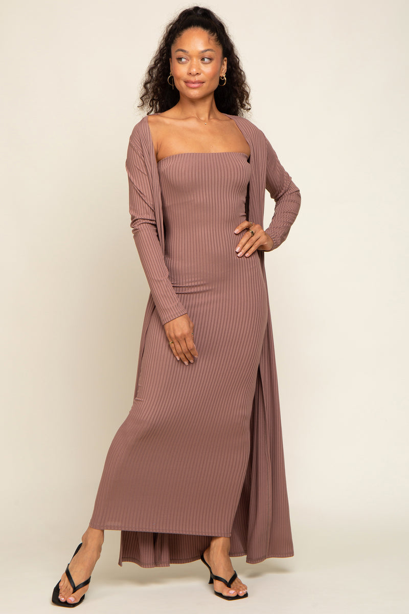 PinkBlush Mocha Ribbed Sleeveless Dress Cardigan Maternity Set Large