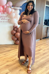 Mocha Ribbed Sleeveless Dress Cardigan Maternity Set