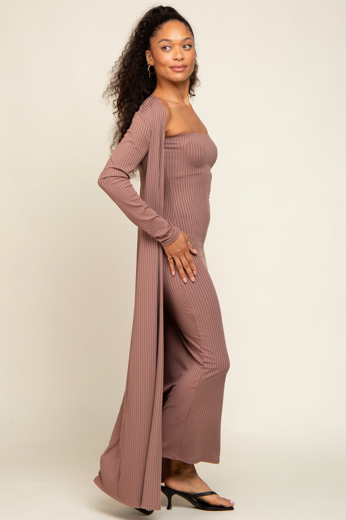 PinkBlush Mocha Ribbed Sleeveless Dress Cardigan Maternity Set Large PinkBlush Mocha Ribbed Sleeveless Dress Cardigan Maternity Set Large