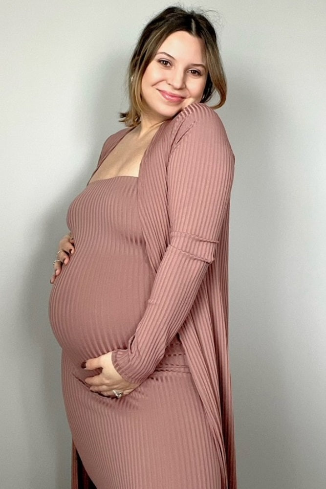 Mocha Ribbed Sleeveless Dress Cardigan Maternity Set
