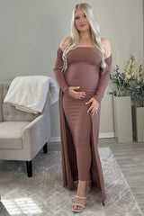 Mocha Ribbed Sleeveless Dress Cardigan Maternity Set
