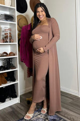 Mocha Ribbed Sleeveless Dress Cardigan Maternity Set