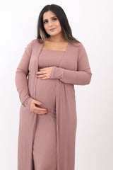 Mocha Ribbed Sleeveless Dress Cardigan Maternity Set