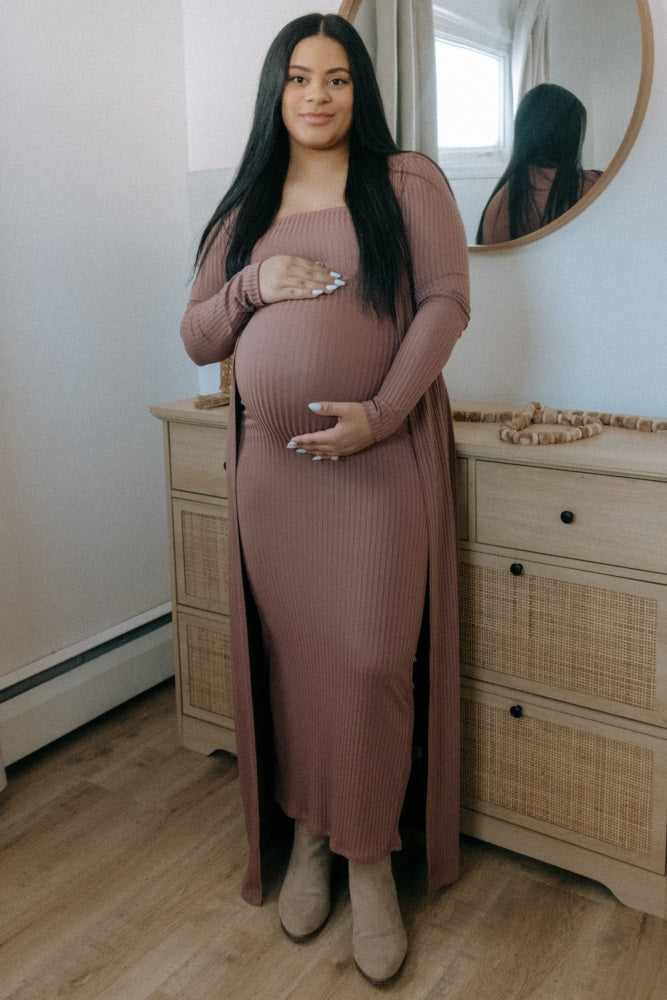 Mocha Ribbed Sleeveless Dress Cardigan Maternity Set