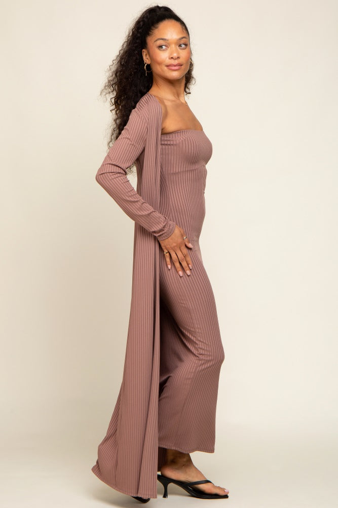 dress sets knitted PinkBlush Mocha Ribbed Sleeveless Cardigan Maternity Set Large ZARA One Shoulder Sleeve Knitted matching set skirt Contemporary Fit Color:Peanut Brown