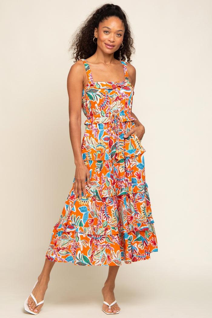 Orange Multi-Color Floral Sleeveless Tiered Midi Dress