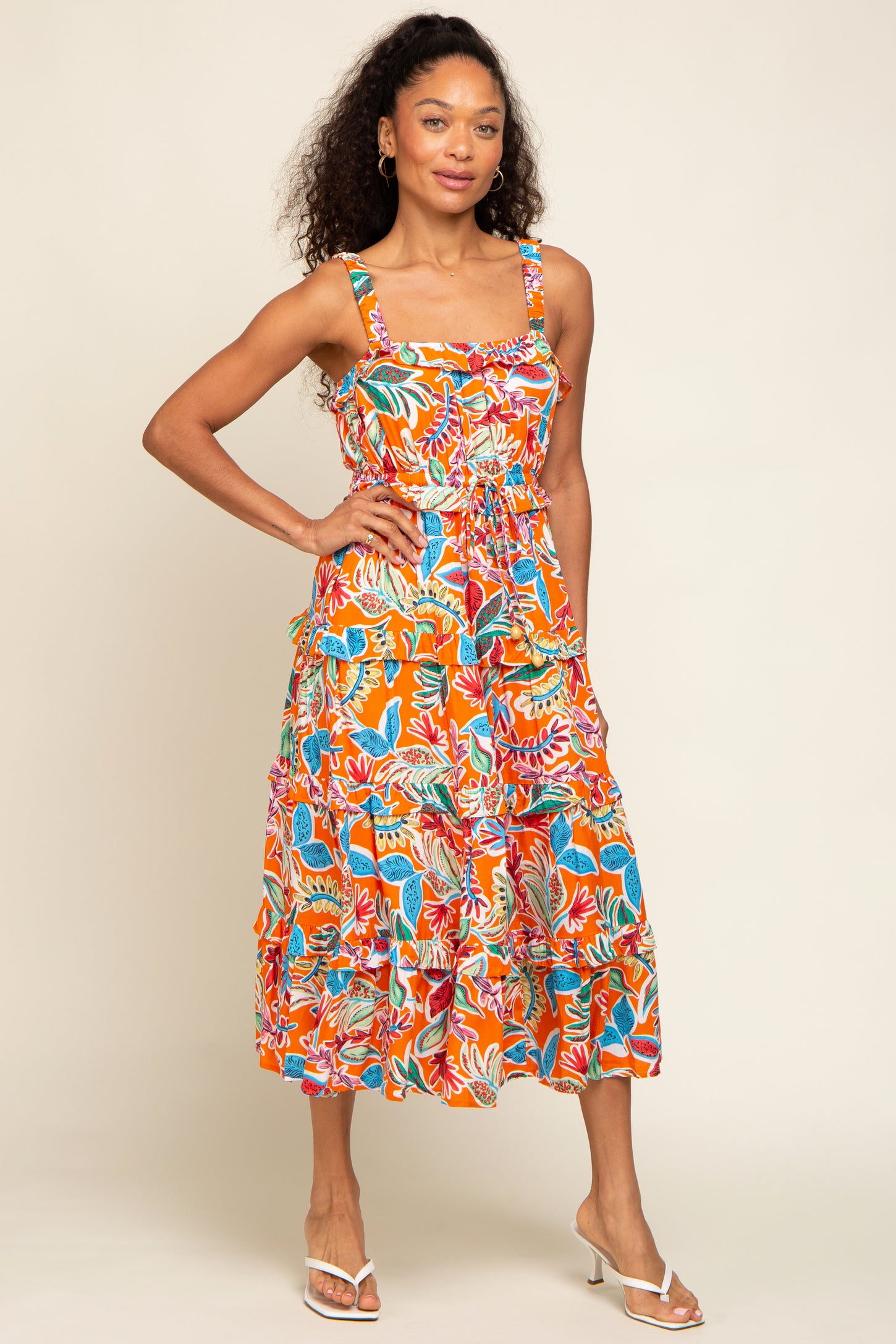 Orange Multi-Color Floral Sleeveless Tiered Midi Dress – PinkBlush