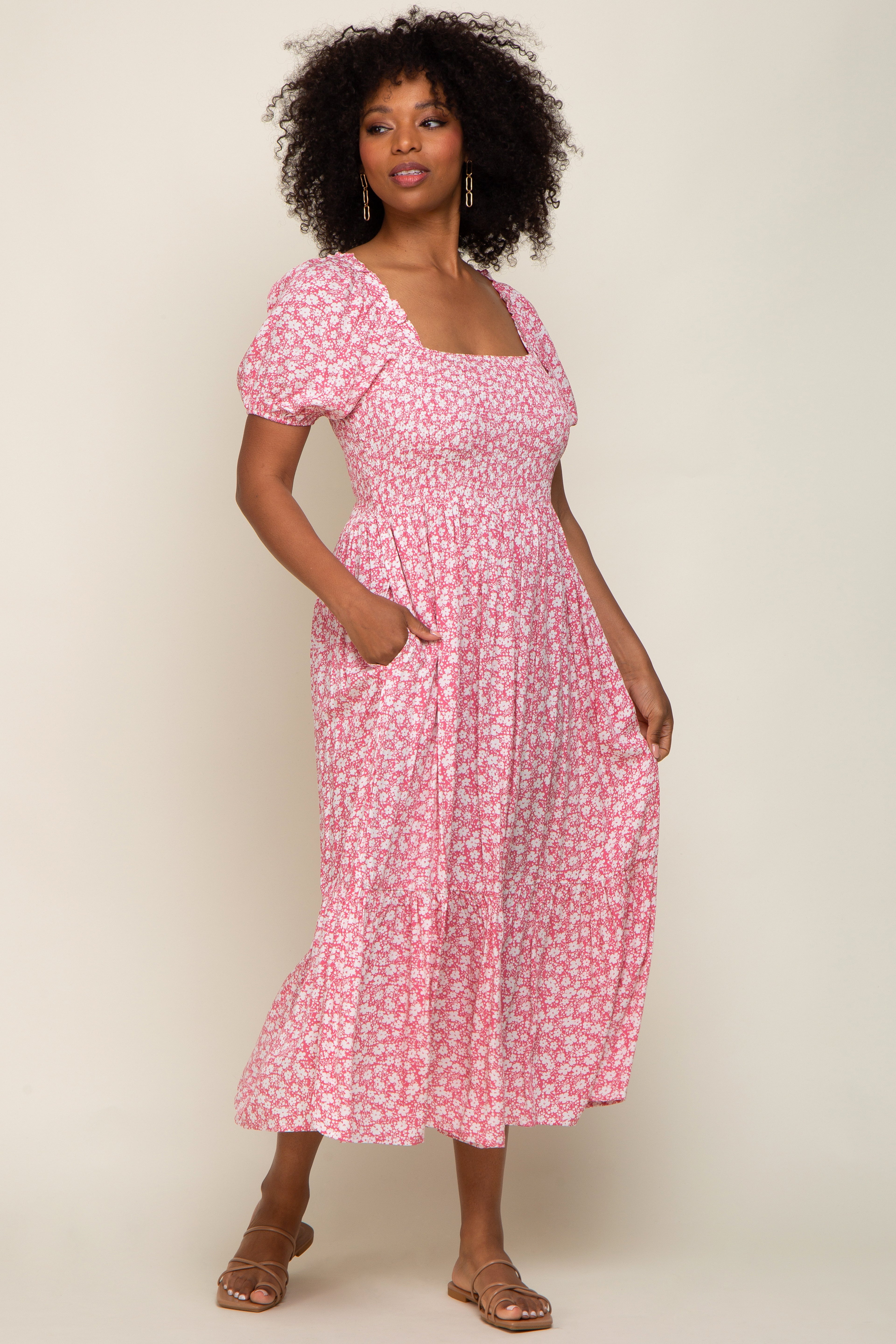Pink Floral Smocked Short Sleeve Midi Dress Large