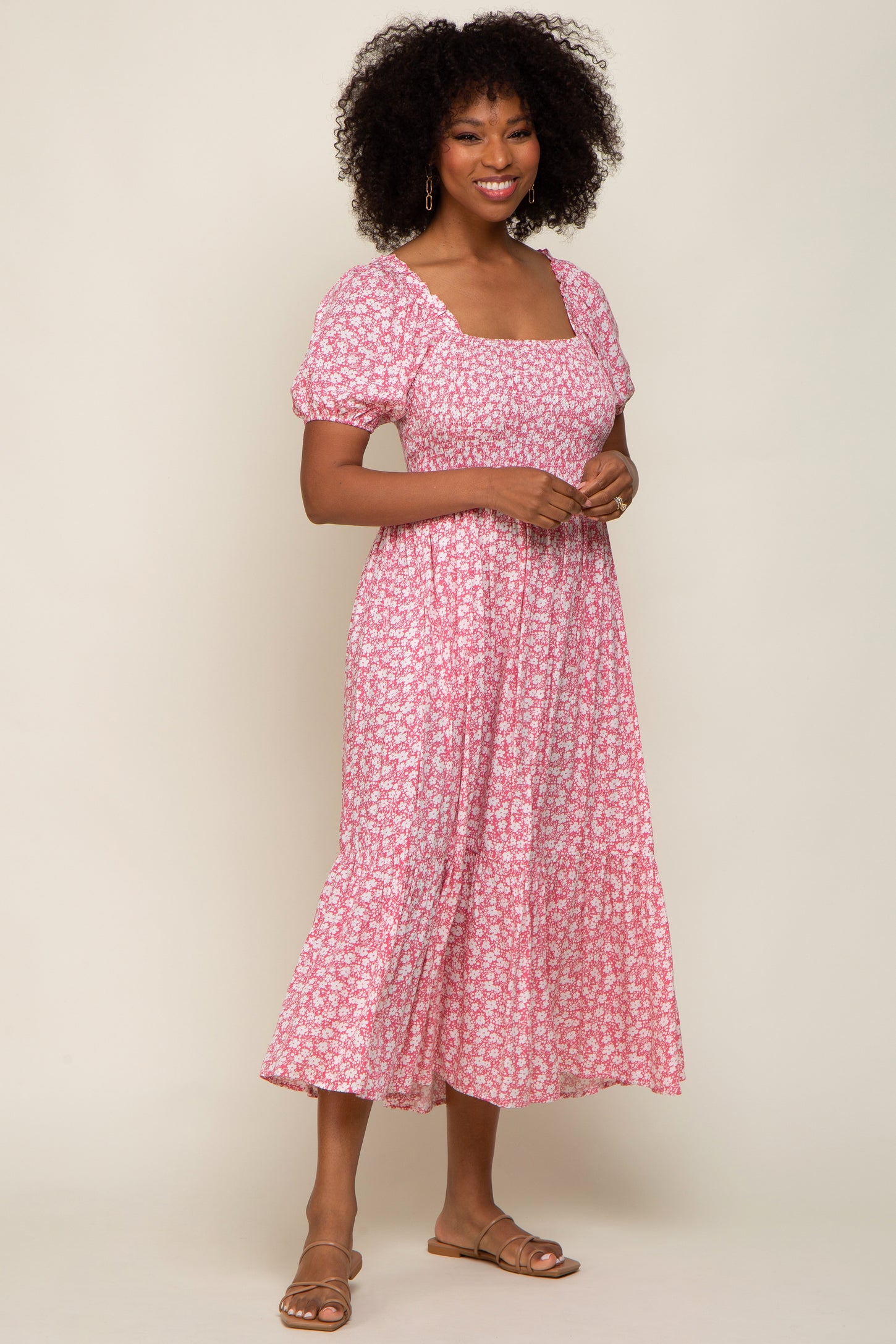 pink puff sleeve dress midi Paige Puff Sleeve Tiered Midi Dress