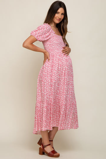 Pink Floral Smocked Short Sleeve Maternity Midi Dress