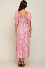 Pink Floral Smocked Short Sleeve Maternity Midi Dress