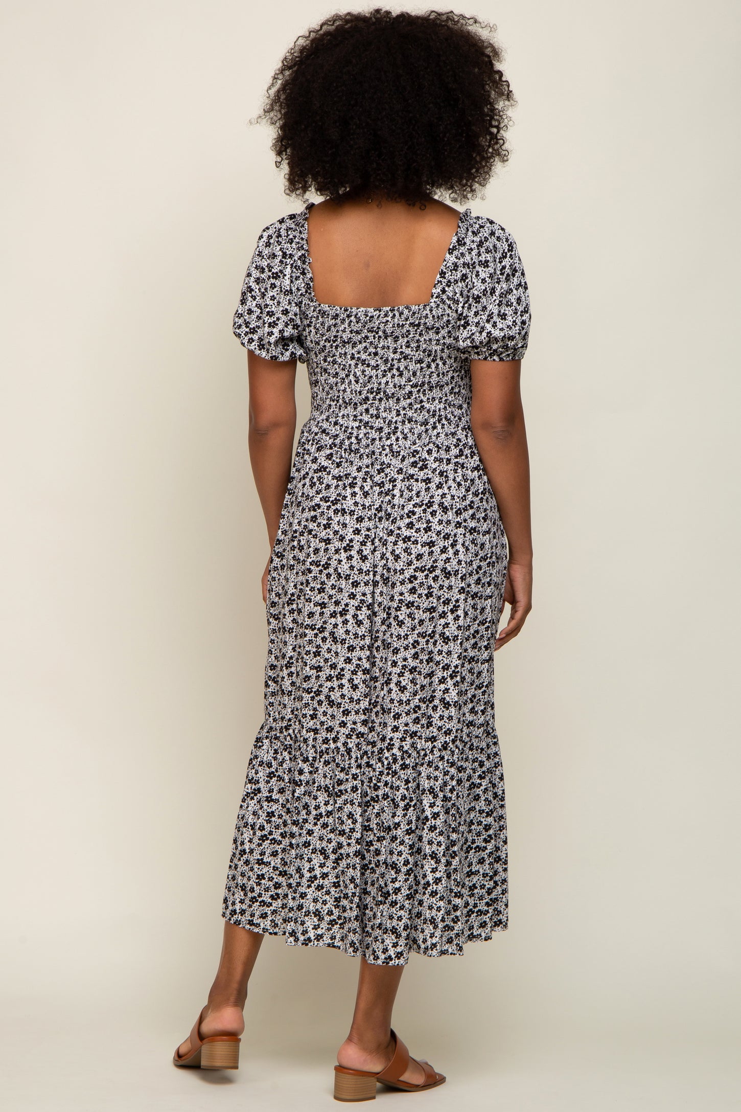 Black Floral Smocked Short Sleeve Midi Dress