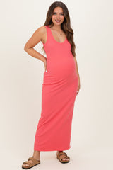 Pink Sleeveless Ribbed Maxi Maternity Dress