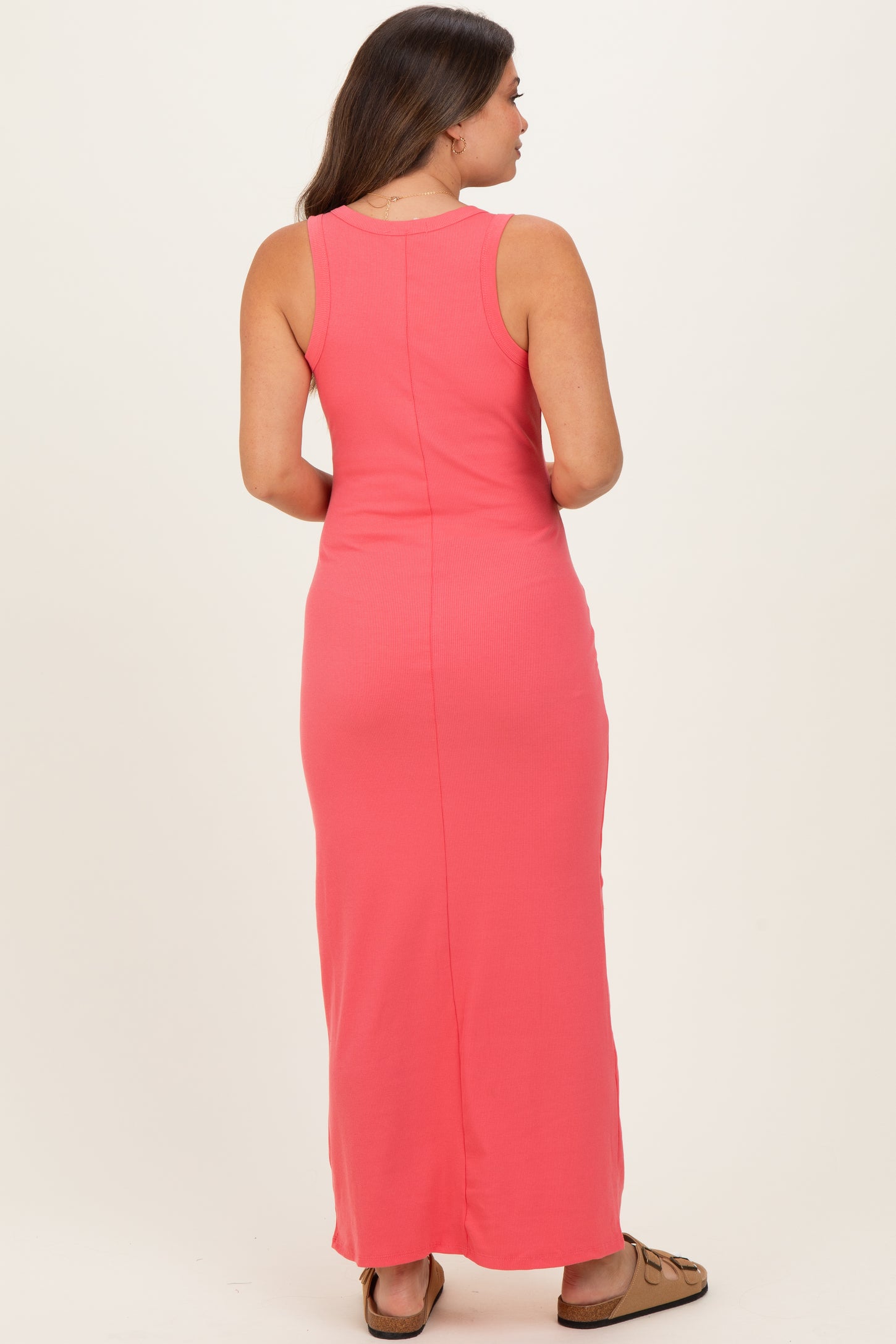 Pink Sleeveless Ribbed Maxi Maternity Dress