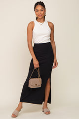 Black Ribbed Side Slit Midi Skirt