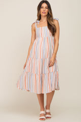 Rust Striped Shoulder Tie Tiered Maternity Midi Dress