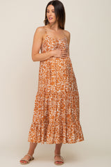 Rust Floral Tiered Maternity Midi Dress