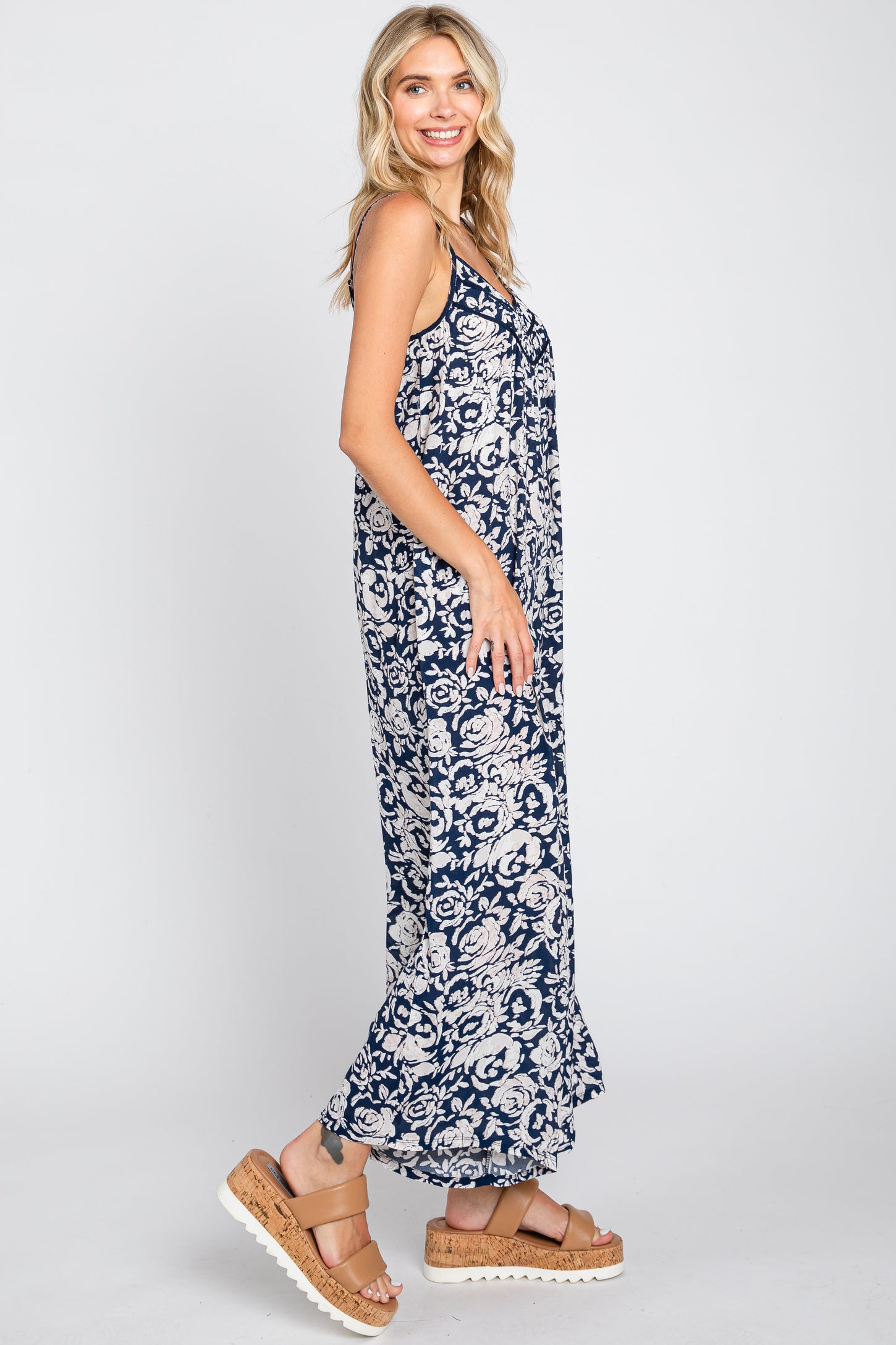 Navy Blue Floral Wide Leg Crop Jumpsuit
