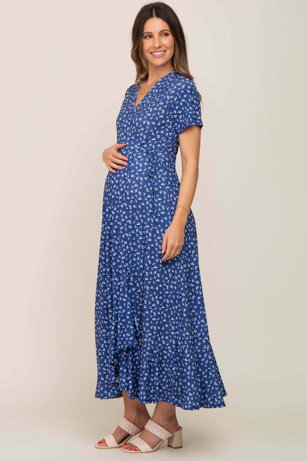 Navy Blue Floral Wrap Front V-Neck Short Sleeve Maternity Midi Dress ...