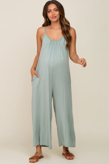 Light Olive Basic Cropped Wide Leg Maternity Jumpsuit