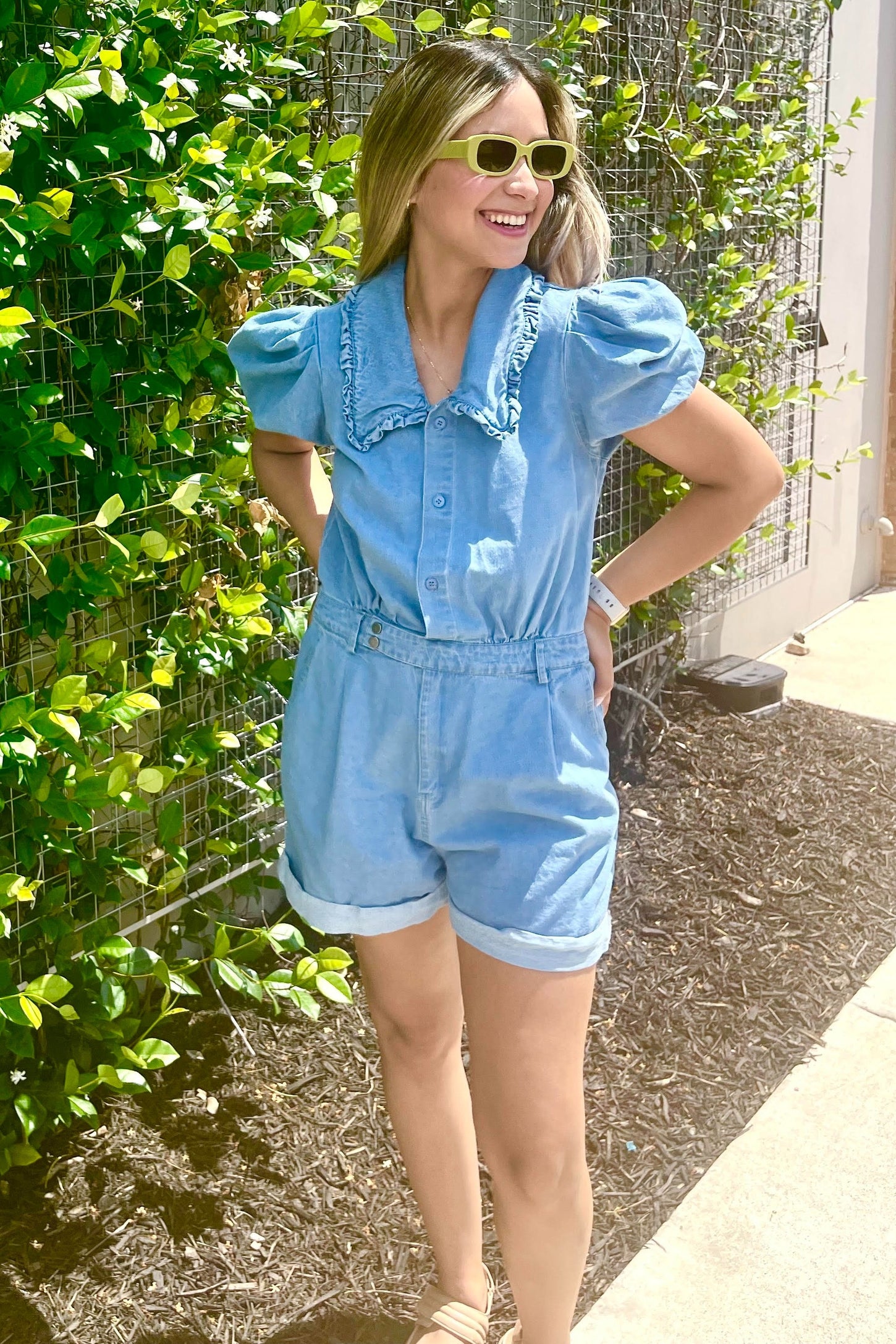 Light Denim Romper With Puff Sleeves