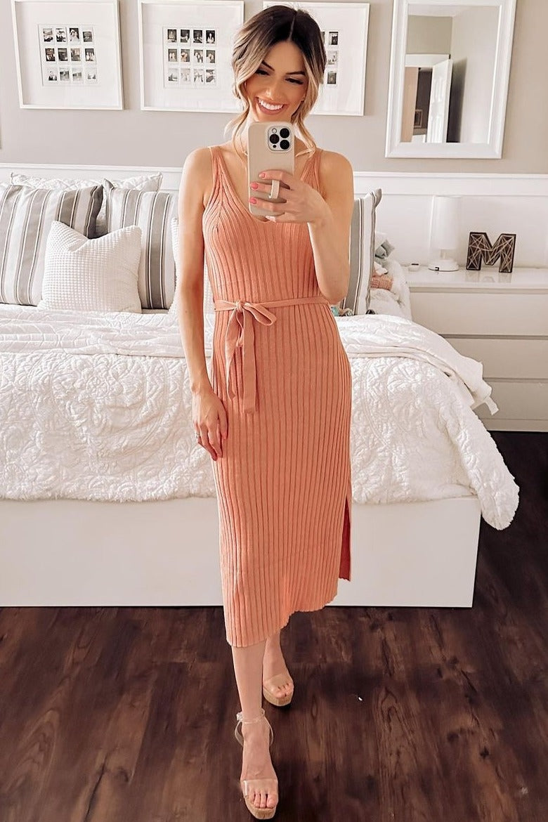midi tank dress with side slits Pink Tank Rib Side Slit Midi Dress Large