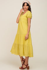 Lime Eyelet Button Front Tiered Scalloped Hem Midi Dress