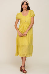 Lime Eyelet Button Front Tiered Scalloped Hem Midi Dress