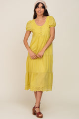 Lime Eyelet Button Front Tiered Scalloped Hem Midi Dress