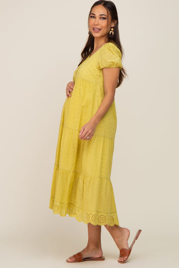Lime Eyelet Button Front Tiered Scalloped Hem Maternity Midi Dress