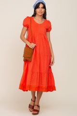 Coral Eyelet Button Front Tiered Scalloped Hem Midi Dress