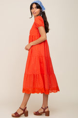 Coral Eyelet Button Front Tiered Scalloped Hem Midi Dress