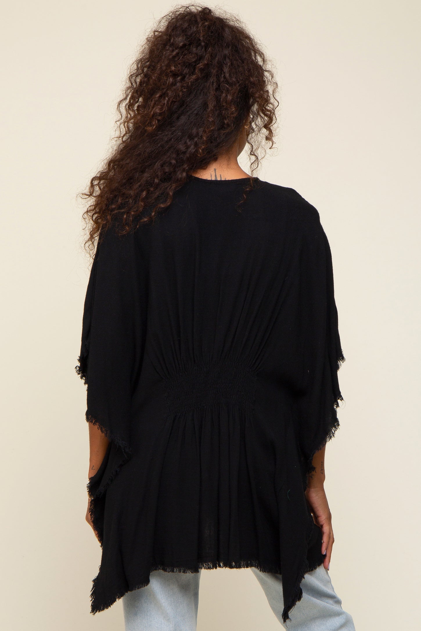 Black Fringe Dolman Sleeve Cover Up