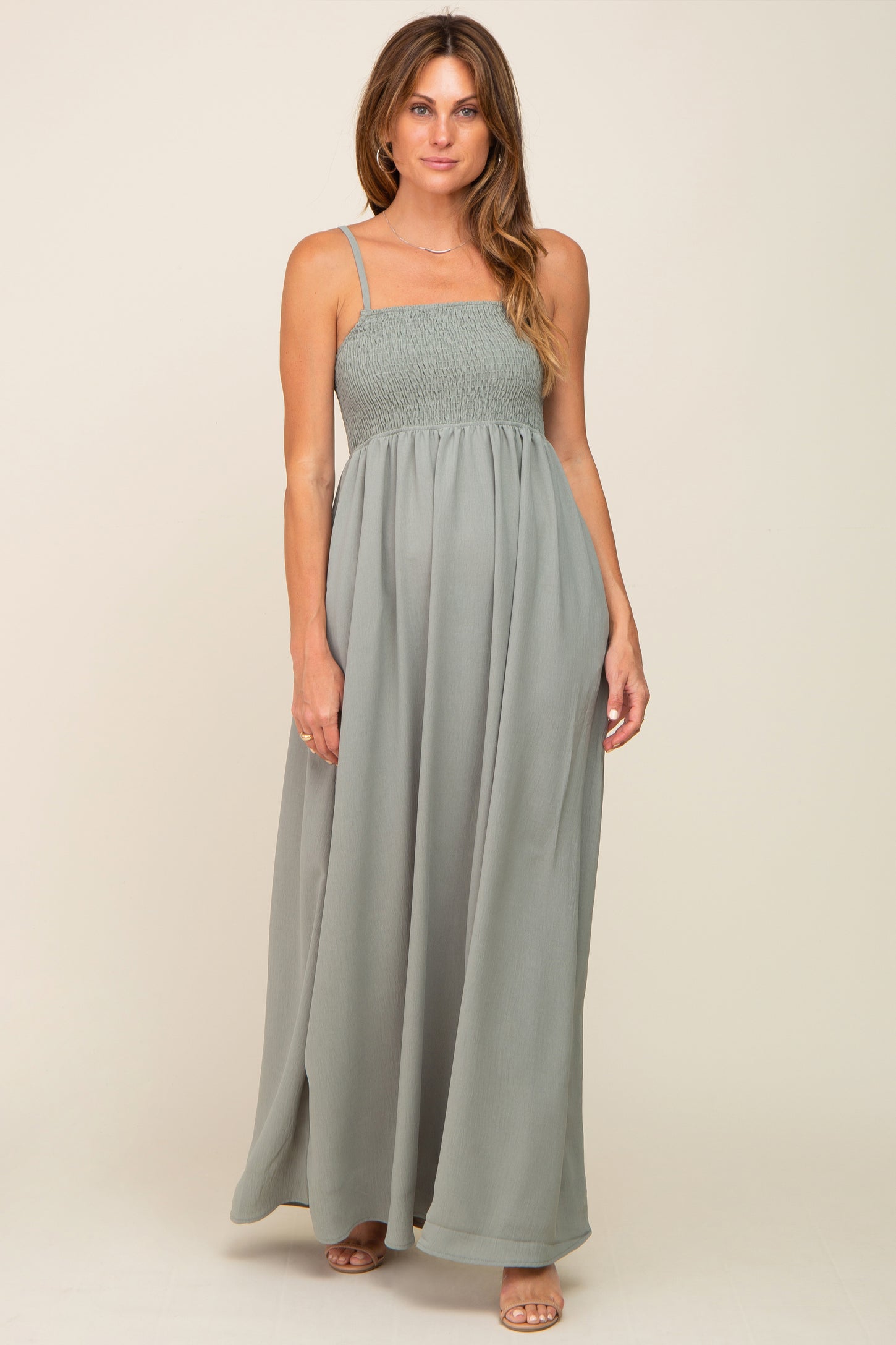 Light Olive Smocked Sleeveless Maternity Maxi Dress