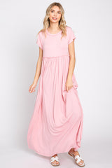 Light Pink Short Sleeve Pocketed Maternity Maxi Dress
