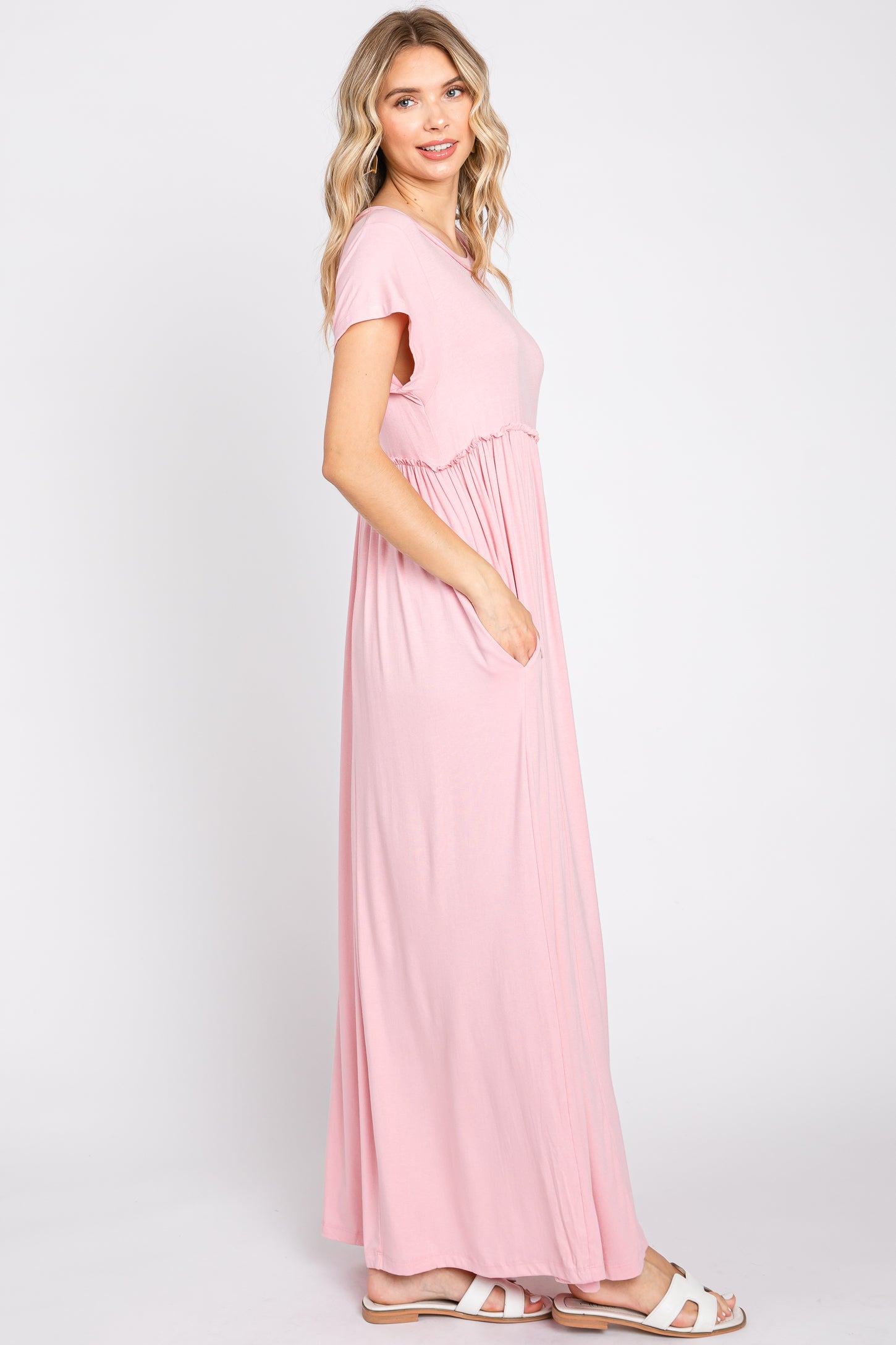 Light Pink Short Sleeve Pocketed Maxi Dress