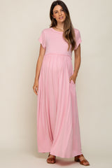 Light Pink Short Sleeve Pocketed Maternity Maxi Dress