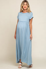 Light Blue Short Sleeve Pocketed Maternity Maxi Dress