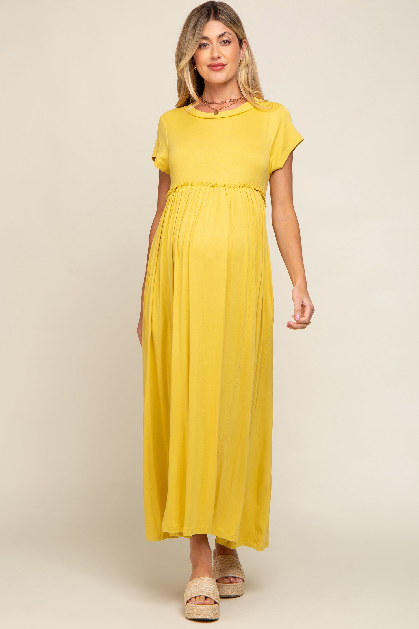 Yellow Short Sleeve Pocketed Maternity Maxi Dress PinkBlush Yellow Short Sleeve Pocketed Maternity Maxi Dress PinkBlush