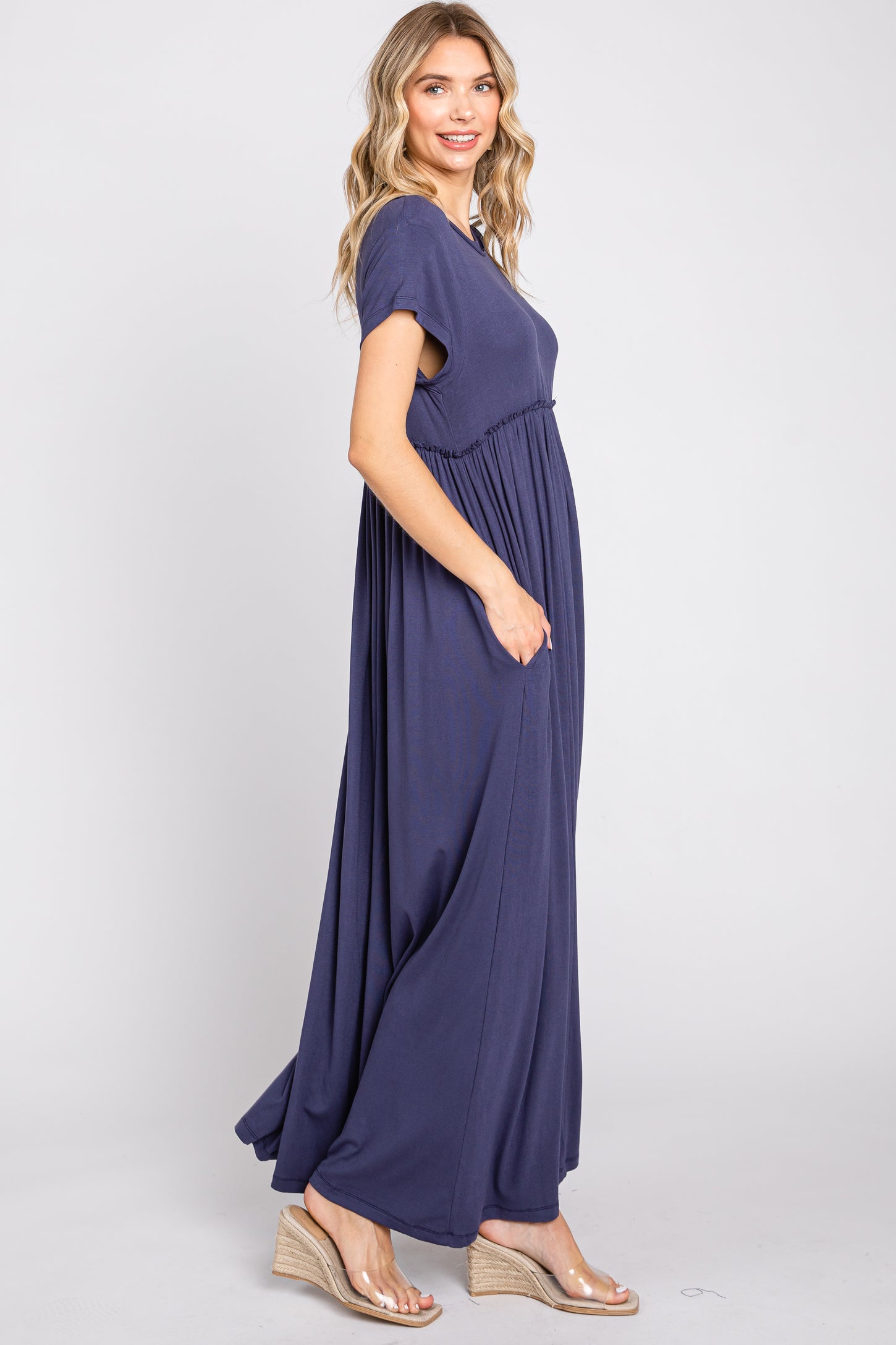 Navy Short Sleeve Pocketed Maxi Dress