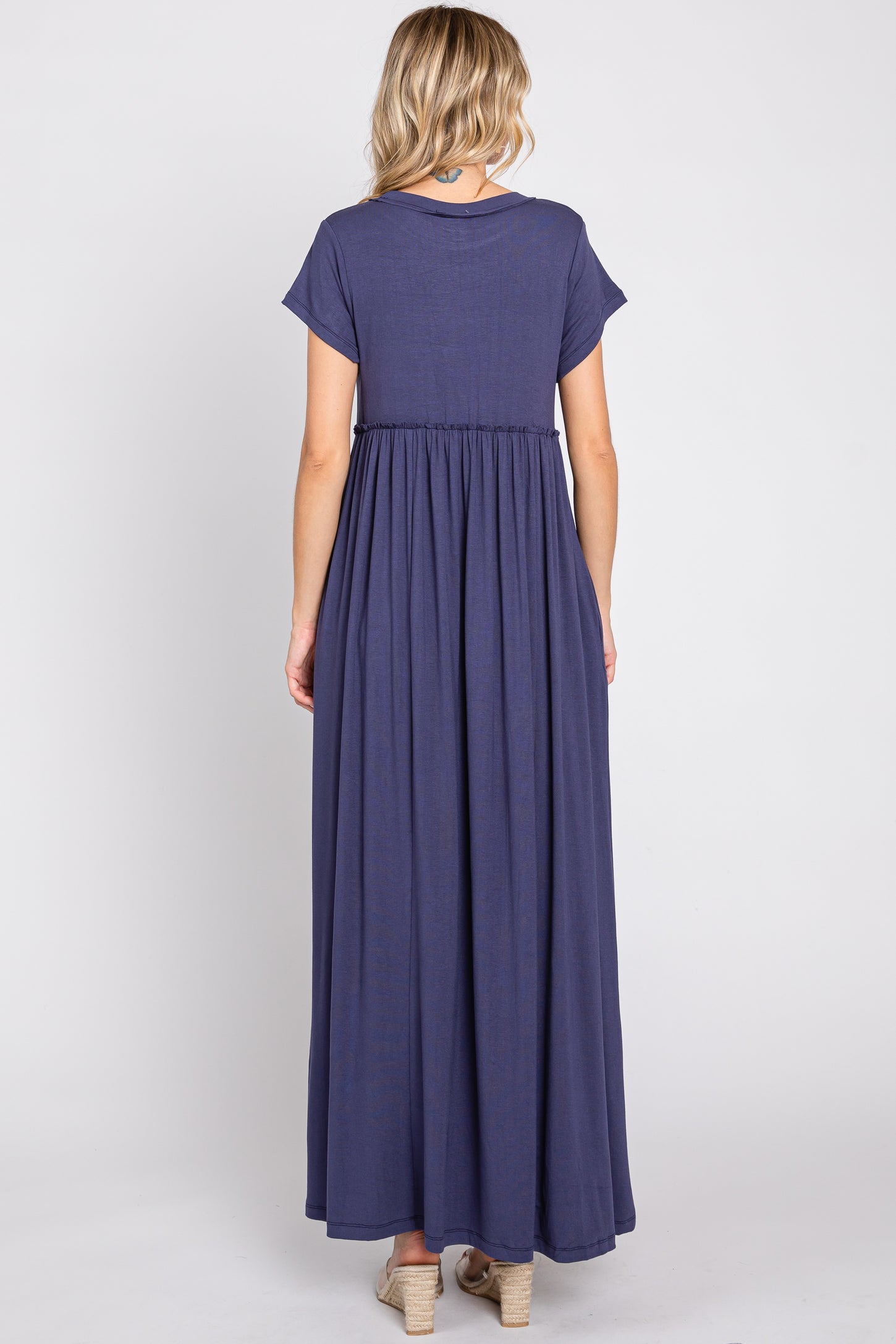 Navy Short Sleeve Pocketed Maxi Dress