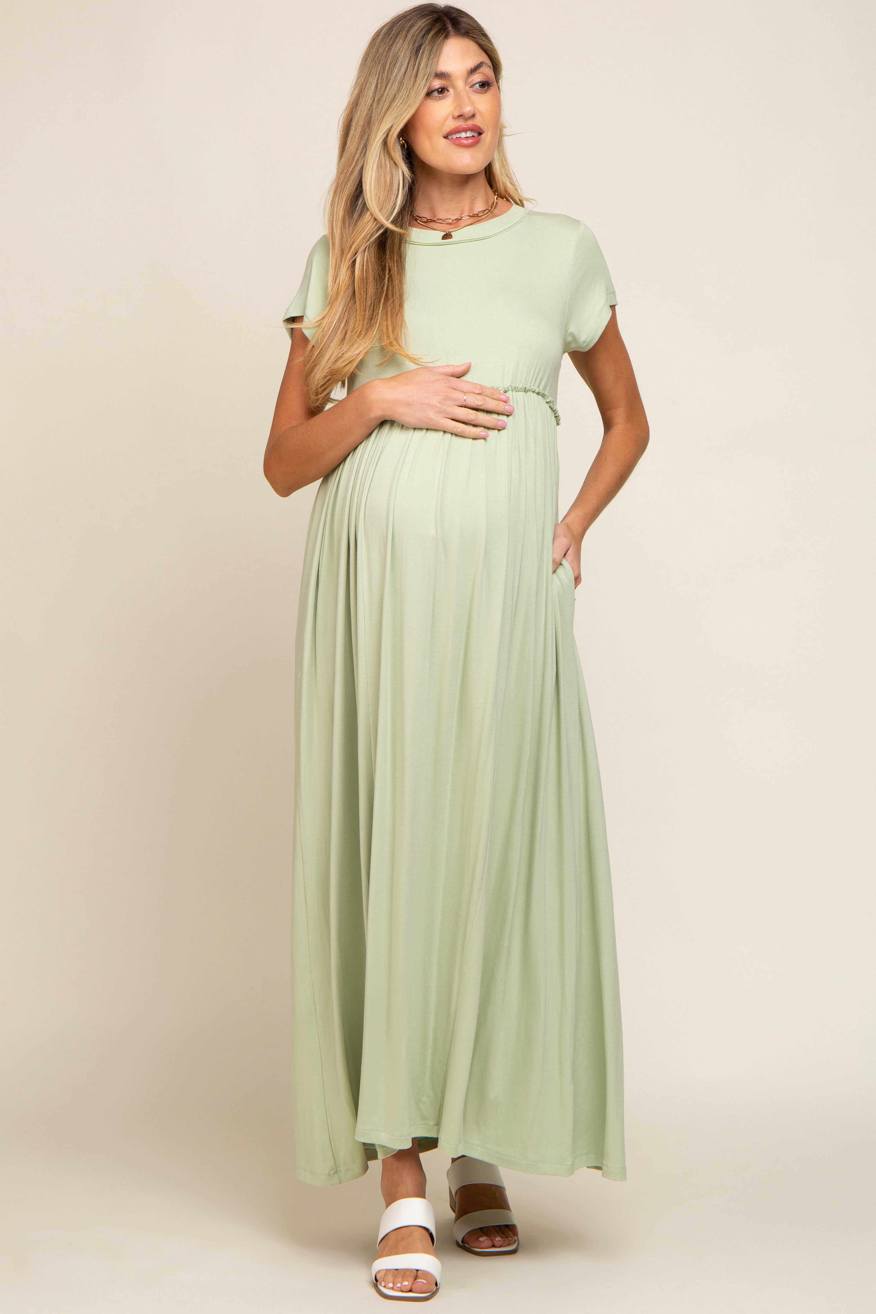 Light Olive Short Sleeve Pocketed Maternity Maxi Dress – PinkBlush