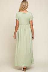 Light Olive Short Sleeve Pocketed Maternity Maxi Dress