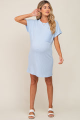 Light Blue Ribbed Front Pocket Dolman Short Sleeve Maternity Dress