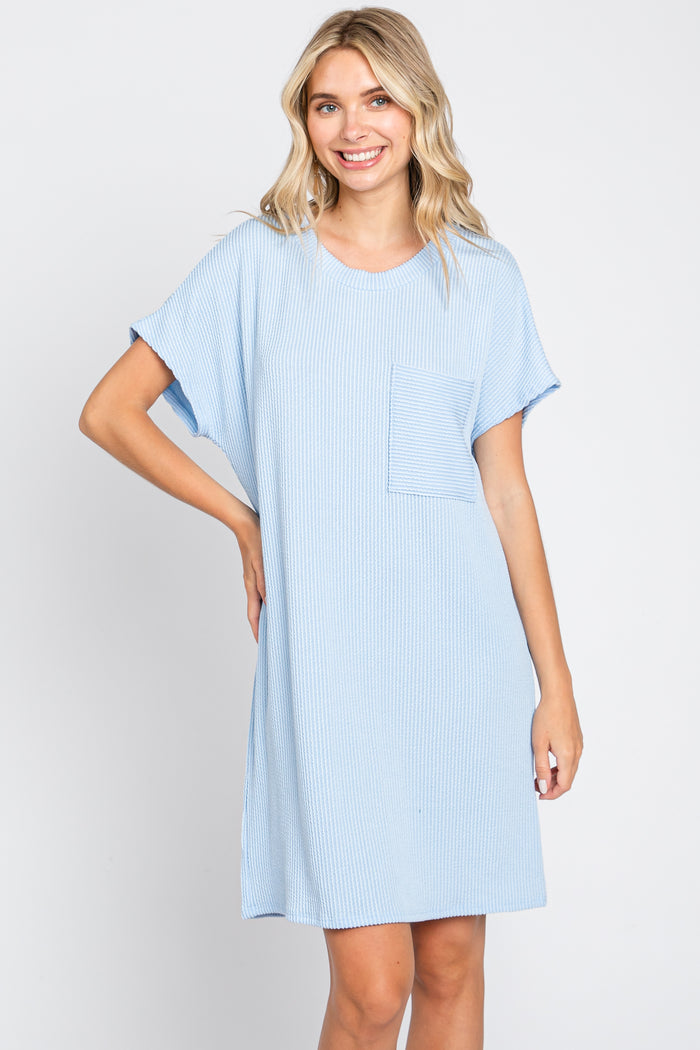 Light Blue Ribbed Front Pocket Dolman Short Sleeve Maternity Dress