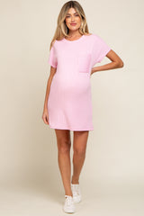 Light Pink Ribbed Front Pocket Dolman Short Sleeve Maternity Dress