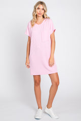 Light Pink Ribbed Front Pocket Dolman Short Sleeve Maternity Dress